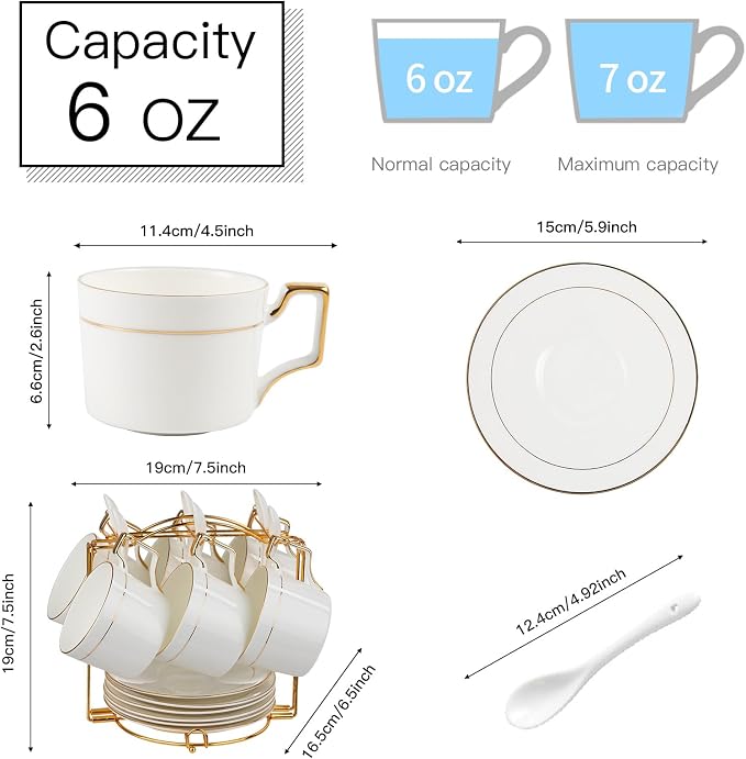Porcelain Tea Cups and Saucers Set, 6oz Tea Cups with Gold Trim, White Coffee Cups & Mugs Set of 6 with Stand for Cappuccino, Latte, Americano, Tea, Demitasse Cups