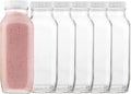 kitchentoolz 16oz Square Glass Milk Bottles with Lids – Reusable Glass Bottles for Milk, Creamer, Juice, Smoothies, Kefir & Yogurt – Airtight Vintage Drinking Jars for Lunch Box & Fridge – 6 Pack