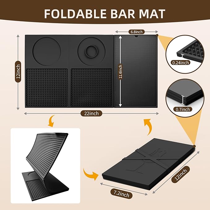 12'' x 22'' Silicone Cocktail Bar Mat for Bartending & Home Bar - Multifunctional Folding Drink Mat with Cutting Board - Portable Black Bar Countertop Accessories & Spill Mat(Black)
