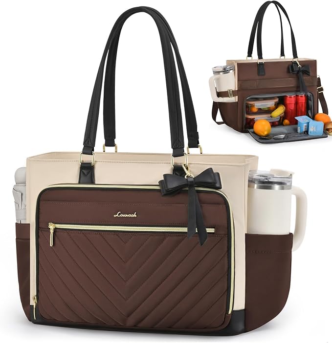 LOVEVOOK Lunch Tote Bag for Women, Insulated Lunch Bag with Laptop Compartment, Large Capacity Teacher Nurse Bag for Work Daily with Large Cup Holder Water Resistant, Coffee-Apricot-Black, 15.6 Inch