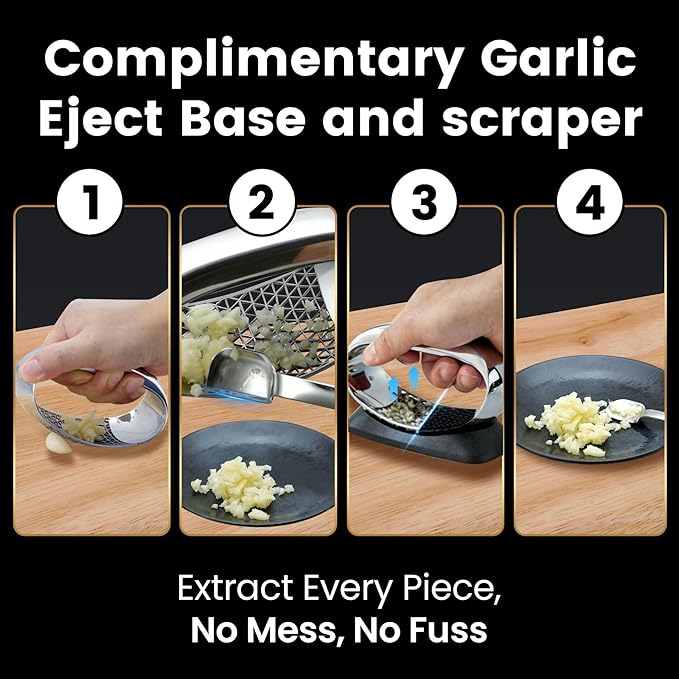 Garlic Press Rocker Stainless Steel with Eject Base + Scraper Spoon, Innovative 3D Cutting, Easy Crush & Clean Garlic Mincer, Premium Garlic Peeler Tool with Non-Slip Ergonomic Grip, 5 Year Warranty
