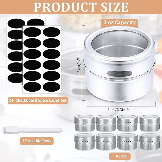 CHENGU 8 Pack Magnetic Spice Jars for Refrigerator 3 oz Magnetic Spice Containers Stainless Steel Seasoning Tins with Clear Lid, with Labels Marker and Pens for Grill Kitchen Fridge Rack Travel