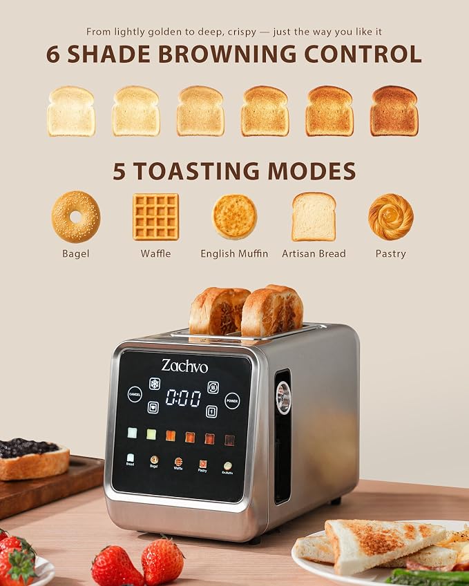 2 Slice Toaster with Smart Touchscreen & Digital Countdown Timer, 1.5" Wide Slot Toaster for Bagels & Bread, 6 Shade Settings, Memory, Defrost & Reheat, Slim Stainless Steel Design for Kitchen