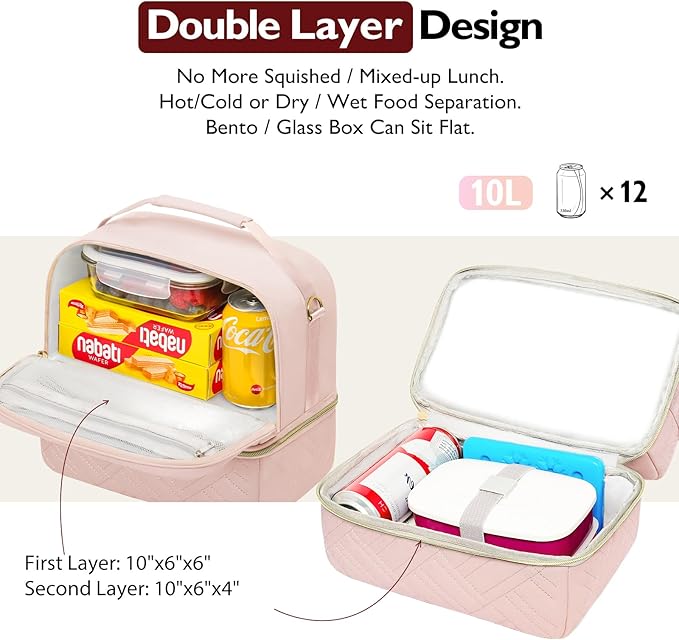 Double Deck Lunch Box Bag Women - Vegan Leather Insulated Waterproof Leakproof Cooler for Work Travel Picnics - Teacher Mothers Day Christmas Birthday Gifts