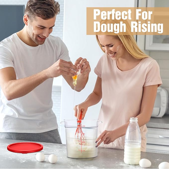Blushtier 4 Pcs Food Storage Container with Lids Set 4 Qt Square and Round Clear PC Commercial Containers with Scale Handle for Home Restaurant Kitchen Food Storage, Dough Rise, Flour(Green and Red)