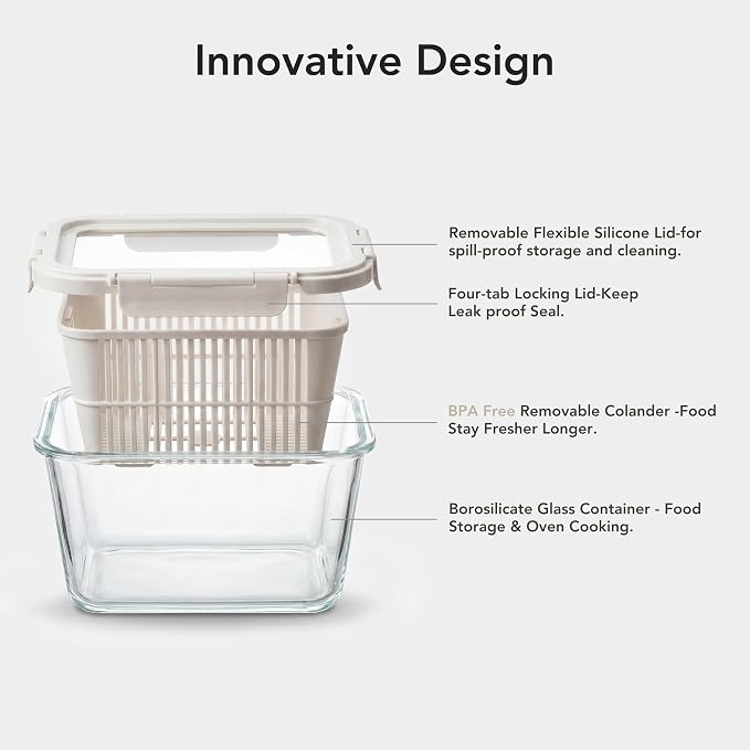 GENICOOK Glass Produce Storage Containers for Fridge, 2-Pack – Airtight Fruit & Vegetable Containers with Removable Colanders, Flexible Silicone Lids,LeakProof, BPA-Free Borosilicate Glass