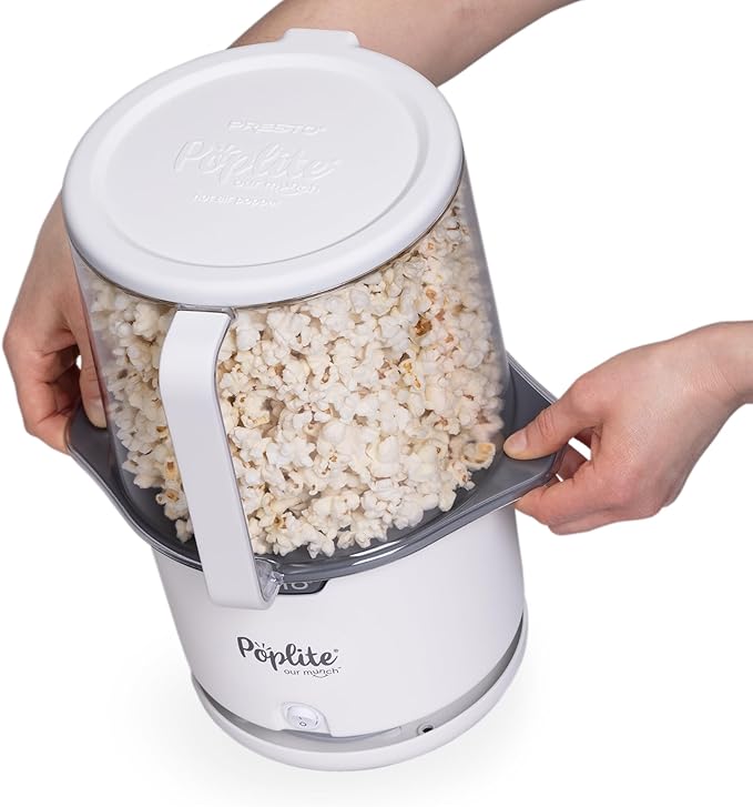 Presto 04812 PopLite Our Munch Hot Air Popcorn Popper - Family Sized, Built-In Serving Bowl, Compact Design, 15 Cups, White