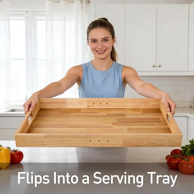 Rubberwood Stove Cover for Gas & Electric Burners, 28.82”x20.83”x2.12'' (Inner) Noodle Board with Handles, Cutting Board with Juice Groove, Serving Tray (Natural Rubberwood)