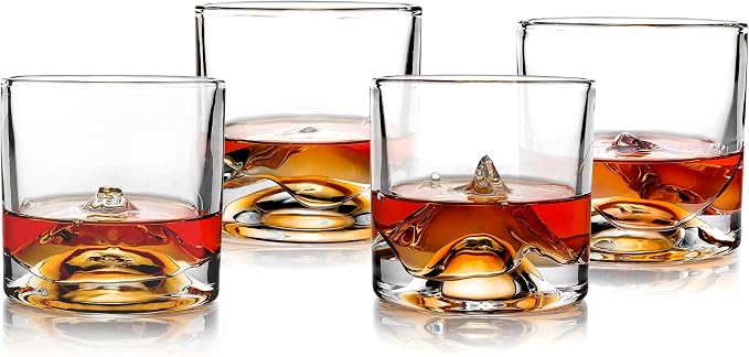 LIITON The Peaks Heavy Crystal Whiskey Glasses Gift Set of 4, Thick Freezable Bourbon Glass 1lb Each, Premium Whiskey Gifts for Men, Frozen Crystal Chills Cocktails, 10 oz