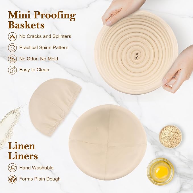 6 Pack 5 Inch Mini Banneton Bread Proofing Basket, Mini Sourdough Baking Supplies, Small Banneton Proofing Baskets for Artisan Bread Baking and Dough Rising
