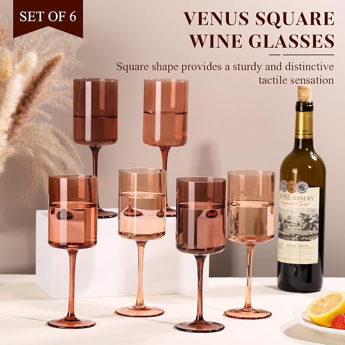 Brown Colored Square Wine Glasses Set of 6, 14oz【Hand Blown】 Amber Crystal Venus Wine Glasses with Long Stem - Melanin Wine Glasse Gifts for Christmas Home Dinner Party