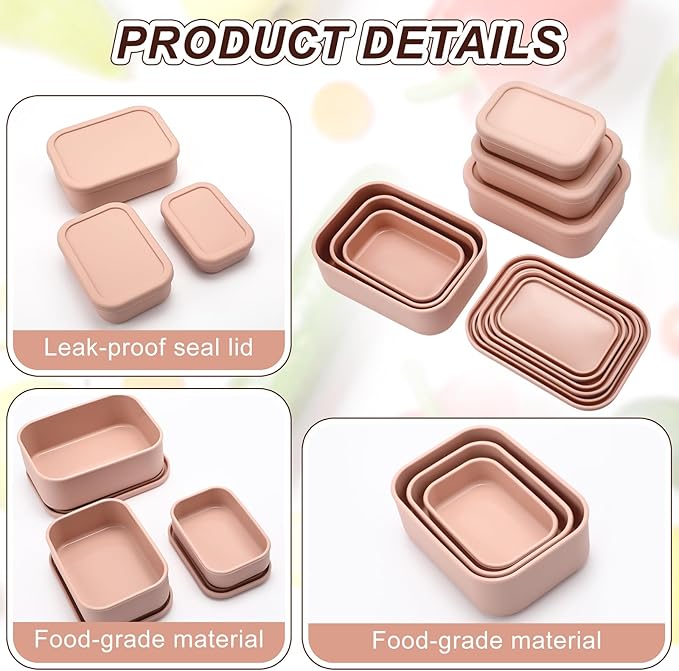 Blushtier 2 Sets of 6 Silicone Food Storage Containers with Lid Silicone Bento Box Rectangular Lunch Box Hard Shell Containers Microwave Dishwasher Freezer Safe, 10 oz, 23.6 oz, 44 Ounce(Pink)
