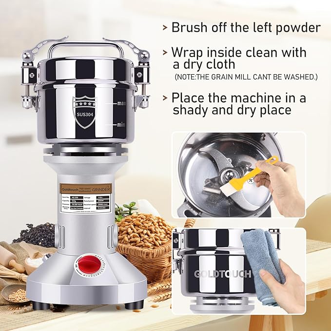 Goldtouch 550g Grain Mill Grinder 2000W Electric Stainless Steel Grain Grinder High-Speed Pulverizer Powder Machine for Dry Wheat, Oats, Corn, Pepper and Coffee Beans (550g Stand Type)