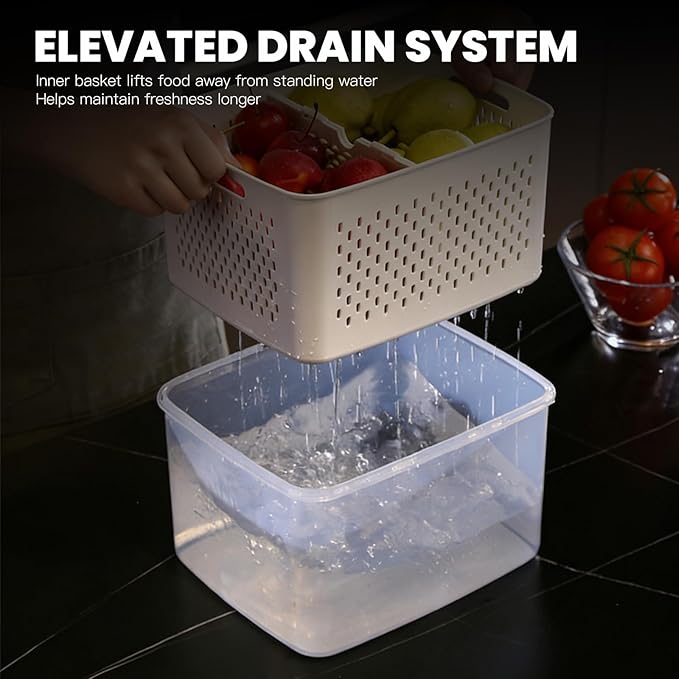 Produce Storage Containers Set with Drain Basket & Lid – Stackable Fridge Organizer Bins for Refrigerator – Fruit & Vegetable Storage Keeper, Berry Container, Lettuce Storage Box (6 Sizes) (5)