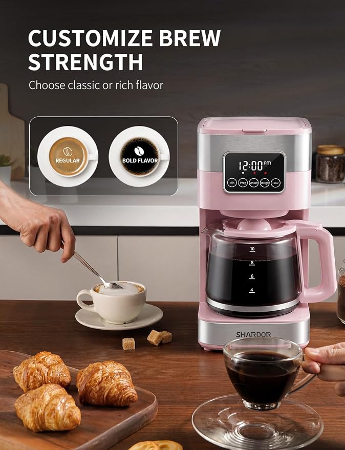 SHARDOR 10-Cup Programmable Coffee Maker, Regular & Strong Brew Drip Coffee Machine for Home and Office, Auto Shut Off, Permanent Filter (pink)