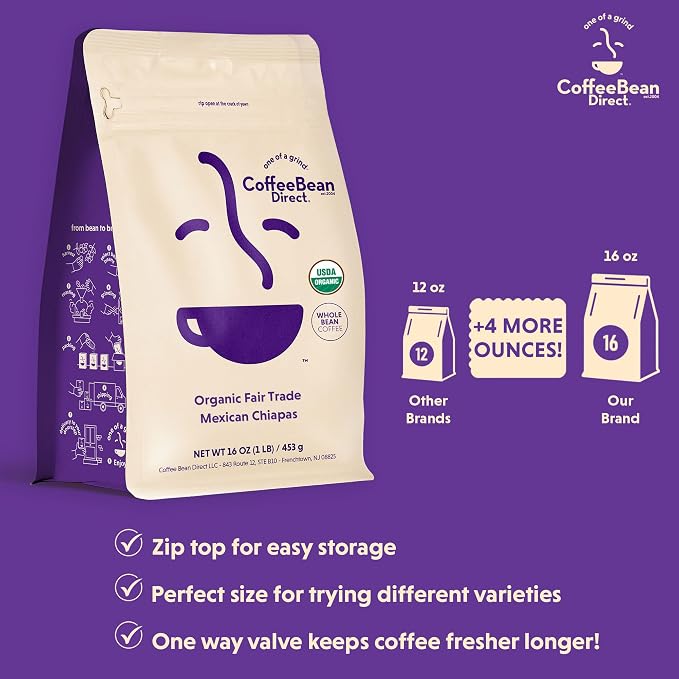 Coffee Bean Direct Organic Fair Trade Mexican Chiapas, Whole Bean Coffee, Arabica Coffee, Light Roast, 1 Pound Bag (Pack of 1)