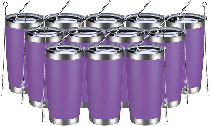 MEWAY 20oz Tumbler 12 Pack Double Wall Vacuum Insulated Travel Mug Bulk, Stainless Steel Tumblers with Lid and Straw, Durable Powder Coated Coffee Cups for Cold & Hot Drinks (Purple, 12)