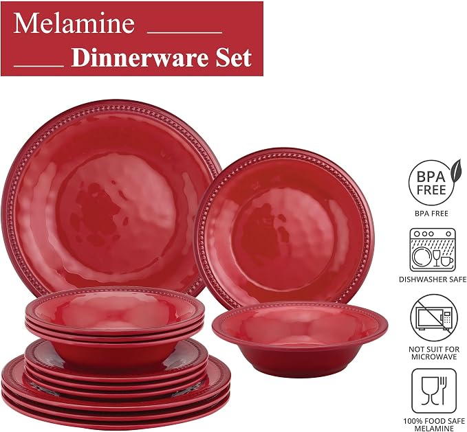 UPware 12 Piece Beaded Melamine Dinnerware Sets, Outdoor Dishes Set, Plates and Bowls Sets, Service for 4, Red