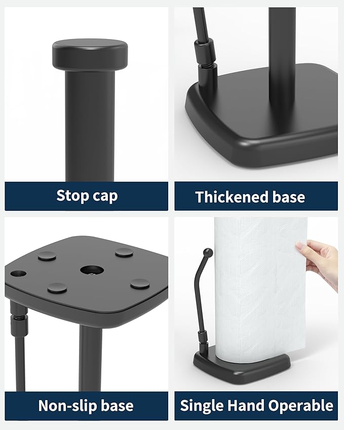 Paper Towel Holder Countertop Black, Paper Towel Dispenser Standing Weighted Base Non-Slip, Spring Arm Fit Most Size Tissue Roll, Stainless Steel Paper Towel for Home Kitchen Tabletop