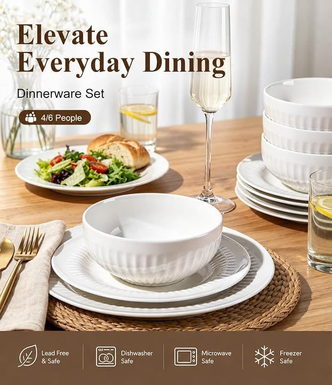 LeRatio Ceramic Dinnerware Sets for 6,Porcelain Plates and Bowls Sets,Handmade Reactive Glaze Dishes Set, Oven&Dishwasher & Microwave Safe,Service for 6