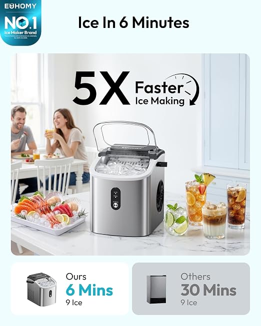 EUHOMY Countertop Ice Maker Machine with Handle, 26.3lbs Per Day, 9 Cubes in 6 Mins, Auto-Cleaning Portable Ice Maker with Basket and Scoop, for Home/Kitchen/Camping/RV (Silver)