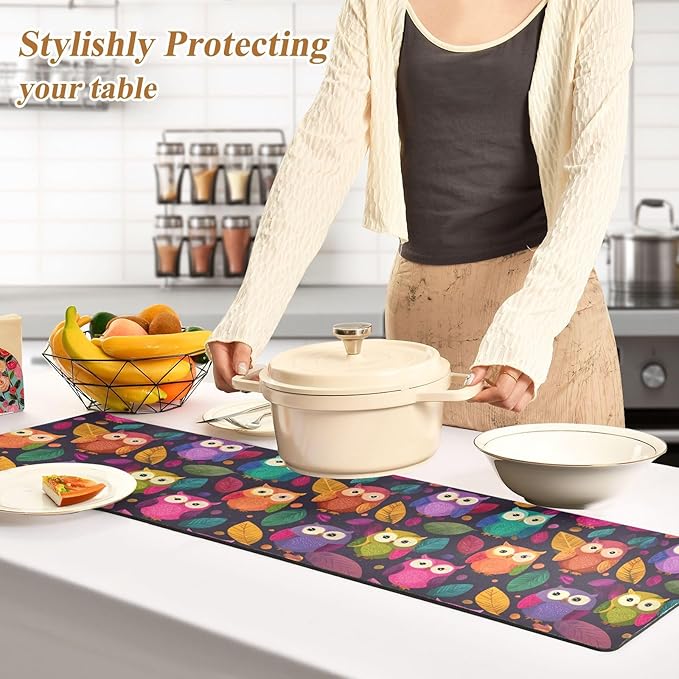 2 in 1 Table Runner Trivet for Hot Pots and Pans Heat Resistant Non Slip Waterproof 39 x 12 Inch Decorative Table Protector for Kitchen Countertop Black Owl and Leaves