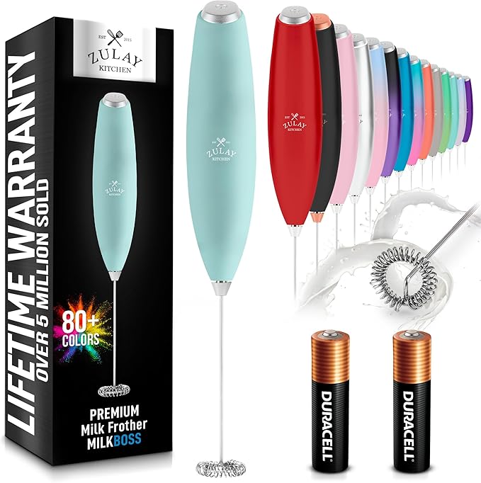 Zulay Kitchen Milk Frother Handheld Electric Whisk with AA Duracell Batteries – Durable Drink Mixer for Coffee, Lattes, Cappuccinos & More - Mint
