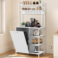 Kitchen Bakers Rack with Power Outlets, 63"H Microwave Oven Organizer with Tilt Out Trash Can Cabinet Storage Shelf 6 Tiers Coffee Bar Stand, Freestanding Pantry Hutch Rack with 6 Hooks (white)
