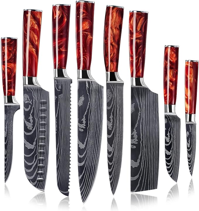 SENKEN 8-Piece Japanese Knife Set with Red Resin Handle and Laser Damascus Pattern - Crimson Collection - Chef's Knife, Cleaver, Santoku, Bread Knife, Paring Knife, & More (Crimson Red)