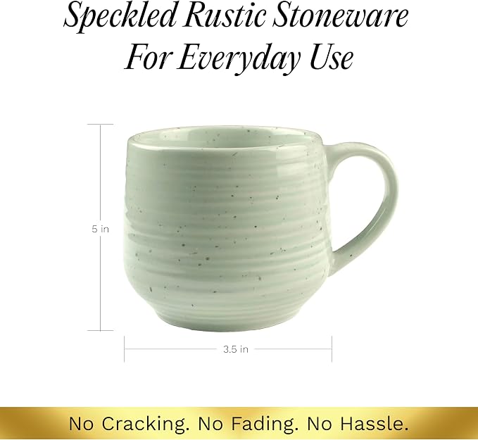Sango Siterra Artist's Blend 17 oz. Stoneware Mug Set- Service for 4, Rustic Design, Green/White/Beige, Scratch-Resistant, Microwave & Dishwasher Safe, for Everyday Dining & Entertainment