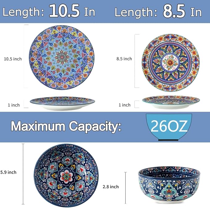 HASENSE 18 Pieces Kitchen Dinnerware Sets Service for 6, Bohemian Style Plates and Bowls Set, Ceramic Vintage Tableware Dishes Set, Scratch Resistant Microwave and Dishwasher Safe, Assorted Color