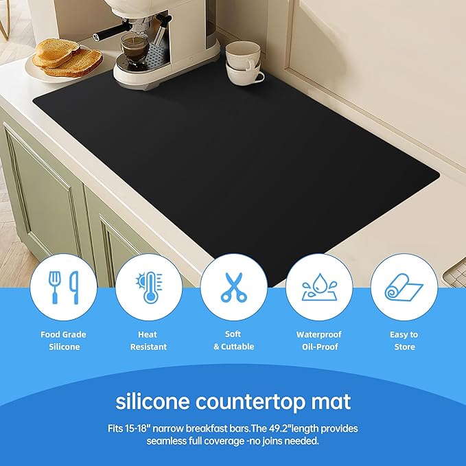 Cut-to-Fit Silicone Counter Mat Gray, Non-Slip Heat Resistant Countertop Protector for Kitchen (27.9"x20"), Food Grade Easy Clean Desk & Drawer Liner, Ships Rolled 1.3mm Thick