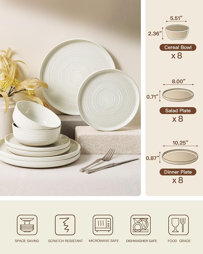 24-Piece Stoneware Dinnerware Sets for 8 - Coupe Plates and Bowls with Speckles & Spirals - Chip & Scratch Resistant, Microwave & Dishwasher Safe - Farmhouse Dishes - Gift Box, Cream