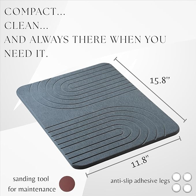 LIFSEZY- Stone Dish Drying Mat For Kitchen Counter, Super Absorbant Fast Drying Diatomaceous Earth Dish Drying mat, non slip, heat resistant, Gray, 15.3"" x 11.8''., sdm001