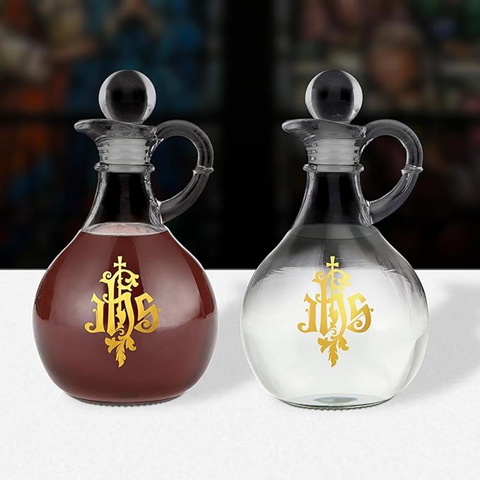 Needzo IHS Glass Cruet Set, Religious Bottle Dispensers, Catholic Church Supplies, 6.5 Inches (2 Included)