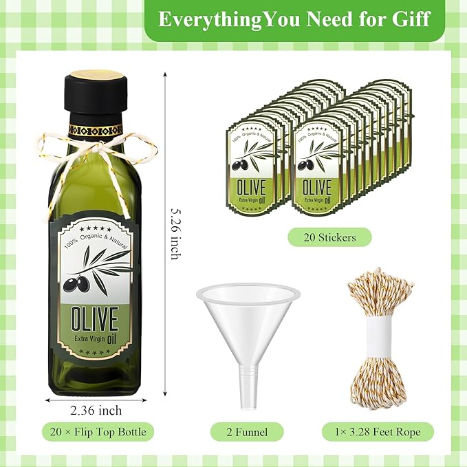 Reallnaive 20 Pcs 4 oz Mini Glass Olive Oil Bottles Empty Sauce Condiment Bottles with Dropper Inserts and Sticker Seals Caps for Gifts Kitchen (Sqaure,Dark Green)