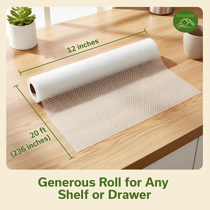 EVALAND Shelf Liners for Kitchen Cabinets Non-Adhesive 12" x 20 FT Clear Drawer Liner Non Slip, Washable Cabinet Liner, Waterproof Shelf Liners for Cabinets, Refrigerator Bathroom Pantry - Thickened