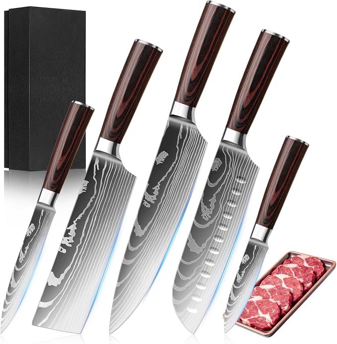 5-Piece Premium Japanese Kitchen Knife Set - Star Collection, Laser Damascus Pattern, 440A Stainless Steel Ultra Sharp for Fast Cutting (Redwood 5A)