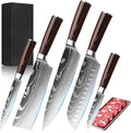 5-Piece Premium Japanese Kitchen Knife Set - Star Collection, Laser Damascus Pattern, 440A Stainless Steel Ultra Sharp for Fast Cutting (Redwood 5A)