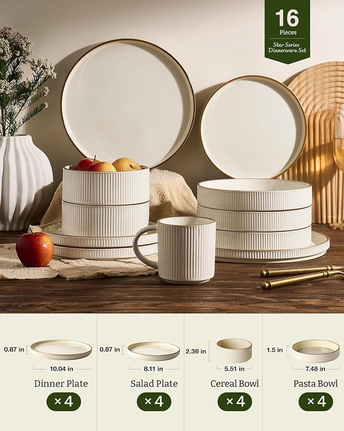 Famiware Star 16-Piece Stoneware Dinnerware Sets with Trim, Service for 4 - Shallow Pasta Bowls & Flat Plates, Modern Rustic Ribbed Dishes, Chip & Scratch Resistant, Microwave & Dishwasher Safe, Cream