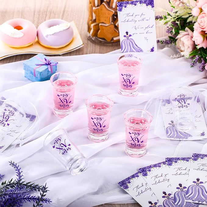 Havawish 50 Sets Quinceanera Party Favors for Guests Quinceanera Acrylic Clear Personalized Shot Glasses Thank You Cards with Organza Bags Mis Xv Años Sweet 15 Birthday Party Favors (Purple)