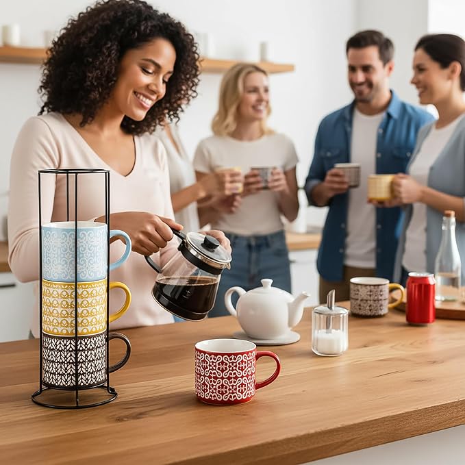 Hiceeden Set of 4 Stackable Coffee Mugs with Rack, 15 oz Colorful Ceramic Coffee Mugs with Metal Stand, Coffee Cup Set for Espresso, Cocoa, Latte, Americano, Cappuccino, Tea, Milk, Multi-colored