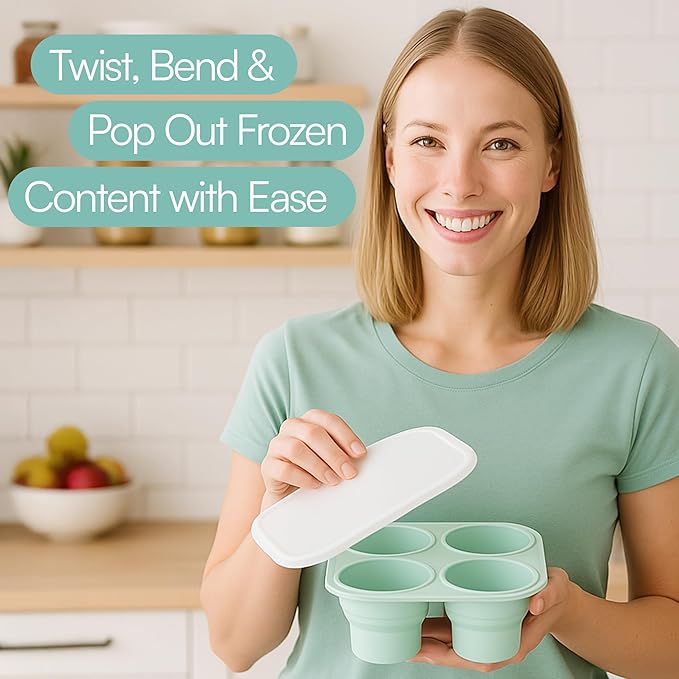 Silicone Freezer Tray with Lid - Stackable 2 oz Large Ice Cube Molds for Homemade Purees, Egg Bites, Broth Food Storage - Dishwasher Safe - MOODY BLUE