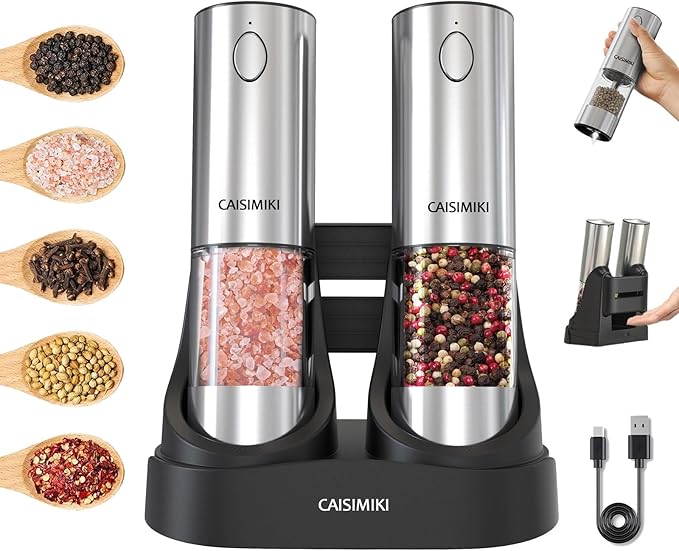 Electric Salt and Pepper Grinder Set Upgraded Stainless Steel Spice Grinder USB Rechargeable Automatic Pepper Mill Dual Charging Station Grinder Shakers, Silver