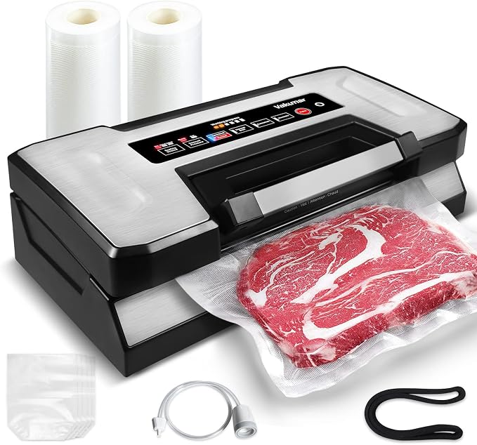 Vakumar Vacuum Sealer Machine, 90Kpa Liquid Food Vacuum Sealer Machine Preservation Dry/Moist/Liquid Modes, LED Indicator Light, Handle Locked Design, Built-in Cutter and Bag Storage, Starter Kit
