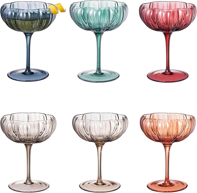 Khen Flower Modern Wavy Glass Coupes Martini, Champagne & Cocktail Coupes - Set of 6-7.7 oz Colorful Cocktail Glasses for Champagne, Prosecco, Mimosa - Copyright Design - Muted Pastel Colors