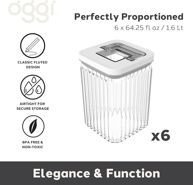 Oggi Airtight Clear Fluted Canister Set of 6 - Stackable Food Storage Containers with Lids, Vintage Modern Farmhouse Style, Kitchen Counter & Pantry Organization, Size - 6 x 64.25 fl oz / 1.6 Lt