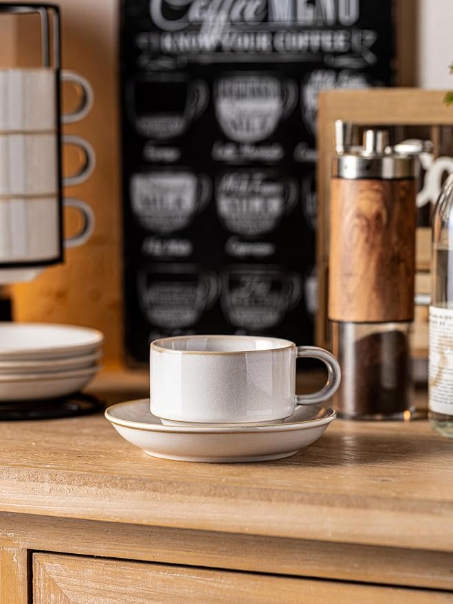 Gomakren 6 Ounce Cappuccino Cups with Saucers and Metal Stand, Stackable Coffee Cup Set of 4, Father's Day Porcelain Espresso Cups for Coffee Drinks, Cappuccino, Latte, Americano, Tea, White