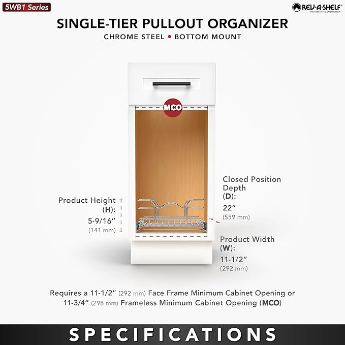 Rev-A-Shelf Pullout Kitchen Cabinet Drawer and Rolling Organizer Cabinet Pantry Storage Basket in Multiple Sizes, 12 x 22 in, 5WB1-1222CR-1