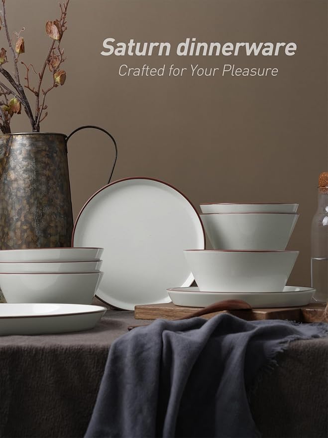 Famiware Saturn Dinnerware Sets, Speckled Plates and Bowls Sets for 4, 12 Pieces Stoneware Dish Set - Chip and Scratch Resistant, Microwave and Dishwasher Safe Tableware Set, White with Rim